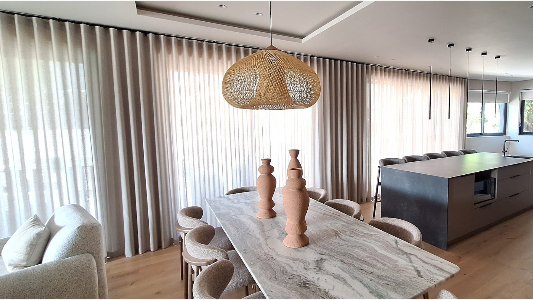 Sheer wave curtains in open-plan dining room — Certain Curtains